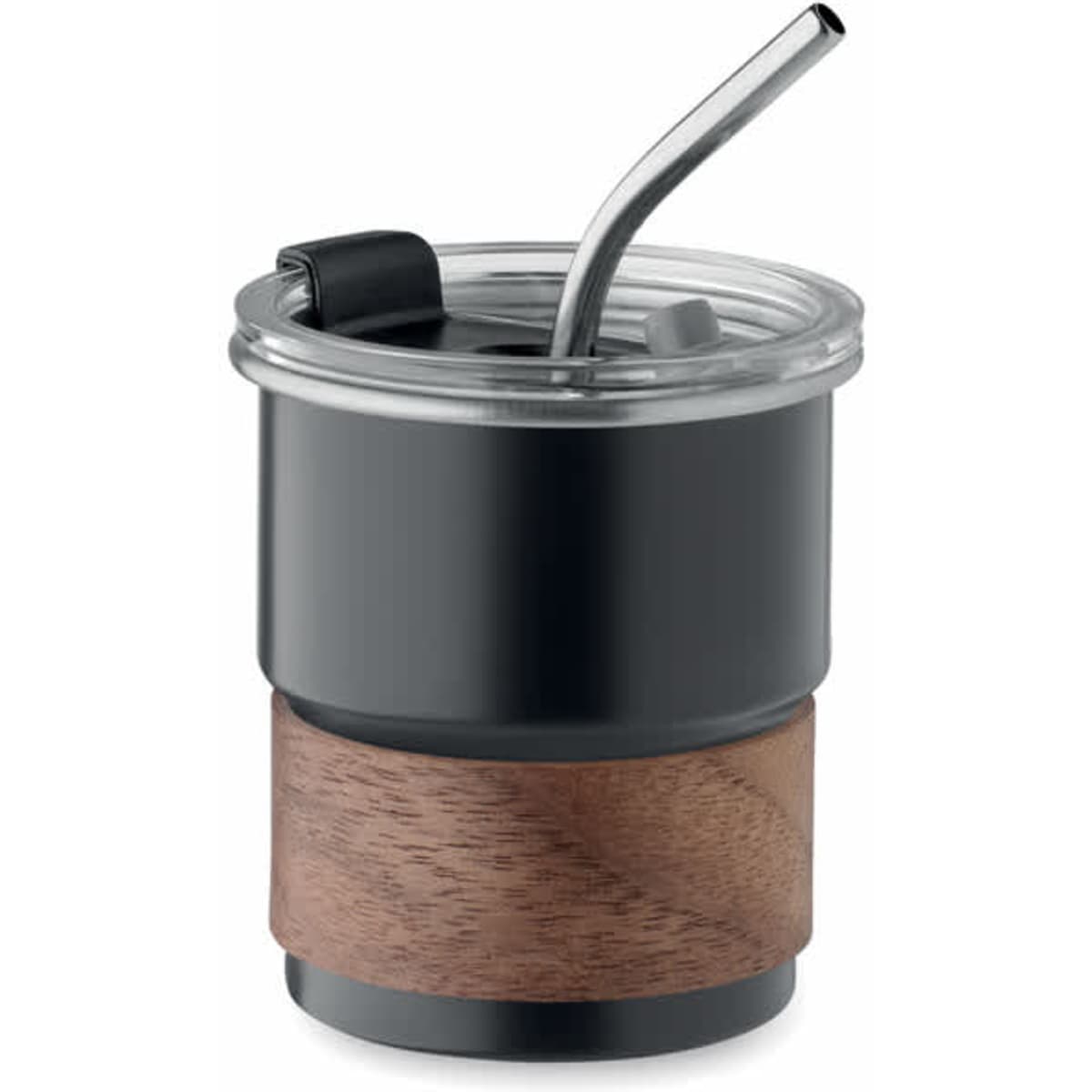 A drink bottle featuring a black top, wooden base, and a metal straw, with a lid and a logo.