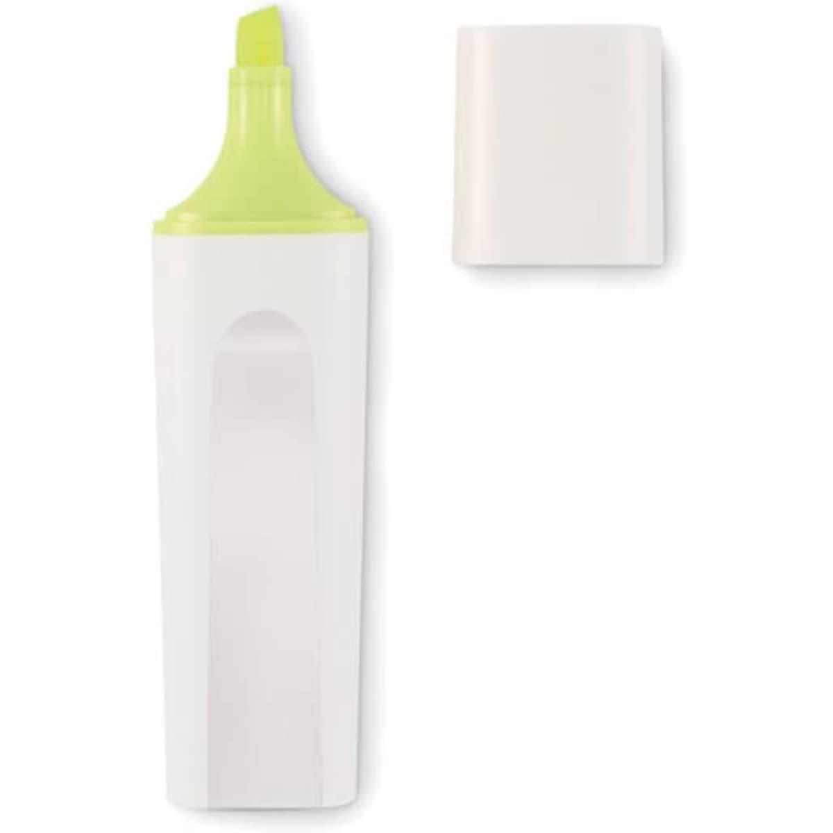 A drink bottle in white with a lime green lid, accompanied by a removable cap.
