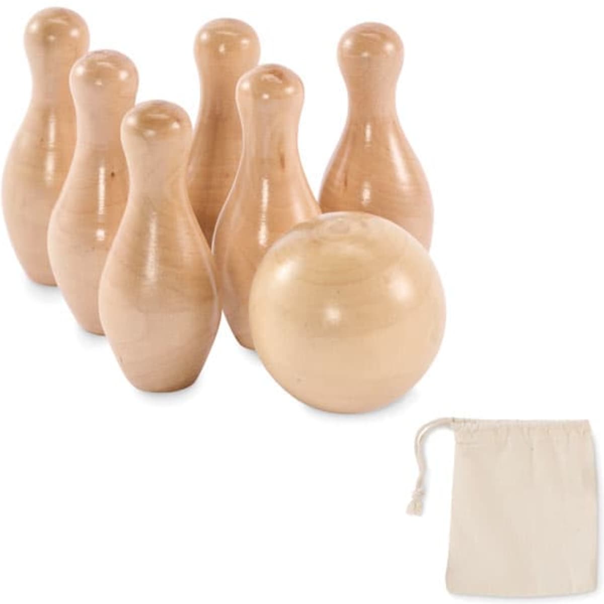 A bowling set featuring six wooden pins and one wooden ball, accompanied by a small drawstring bag.