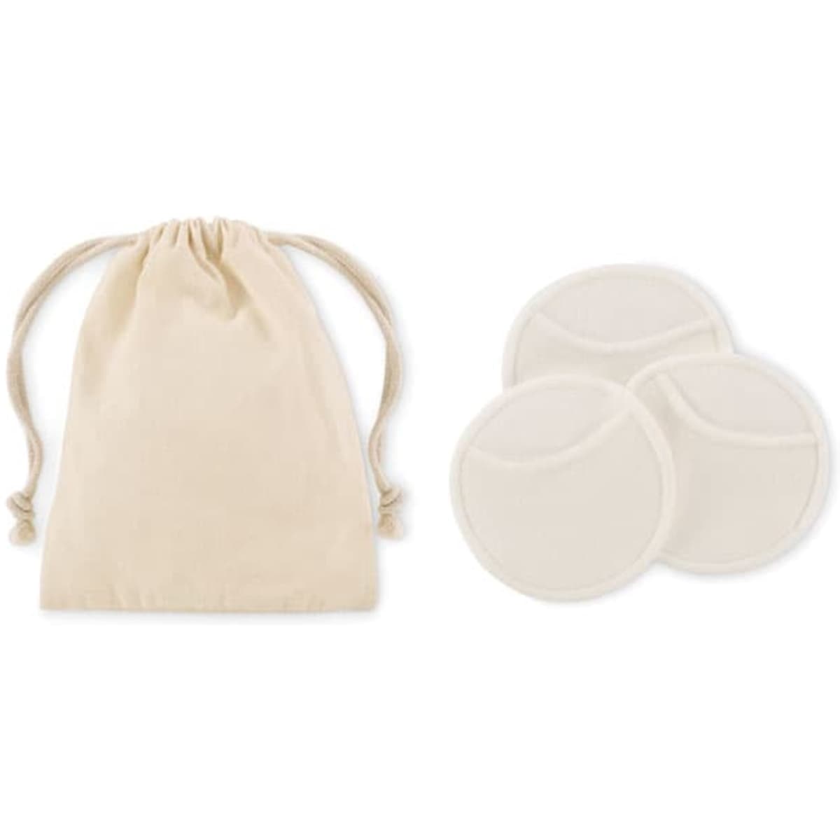 A cream drawstring bag with three matching round cotton pads beside it. The bag is lightweight and reusable.