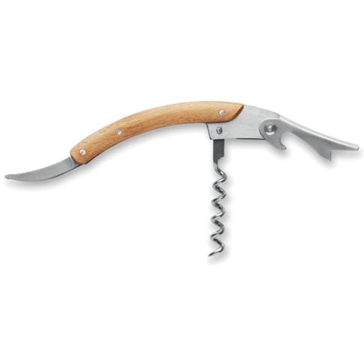 A corkscrew with a wooden handle and stainless steel components, featuring a spiral corkscrew and a bottle opener.
