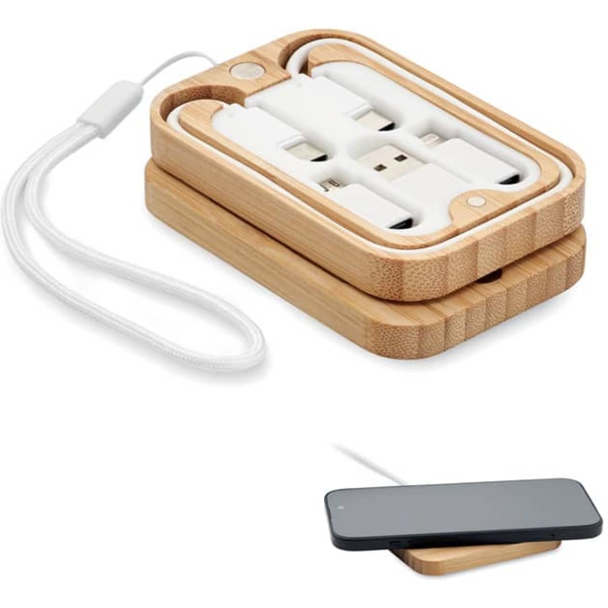 A charging dock made of bamboo, featuring multiple USB ports and a white charging cable, designed for electronic devices.