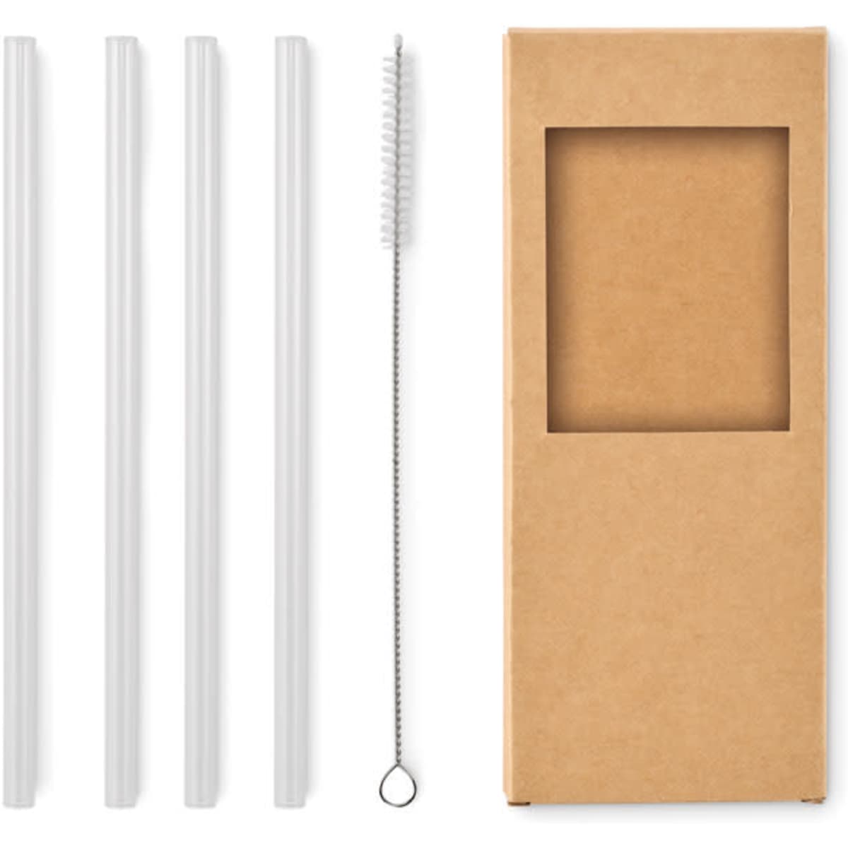 A set of four clear drink straws and a cleaning brush, packaged in a brown cardboard box with a window.