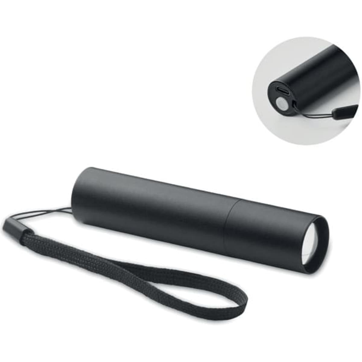 A black flashlight with a cylindrical design, featuring a wrist strap and a circular lens at one end.