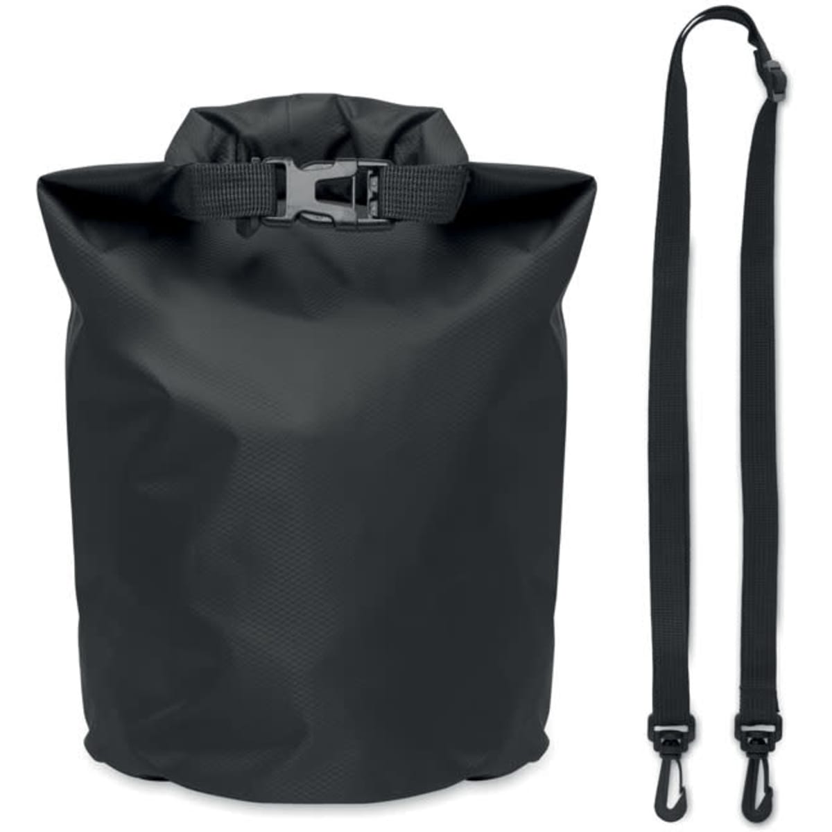 A black waterproof bag with a roll-top closure and an adjustable strap. It features a logo on the front.