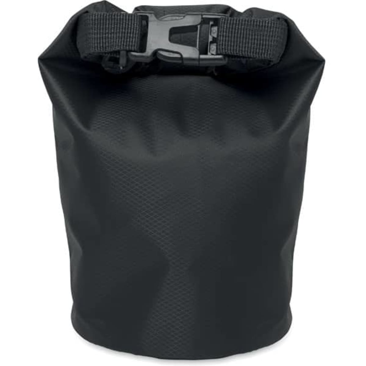 A black, waterproof bag with a roll-top closure and adjustable buckle strap. It features a textured surface and a logo.