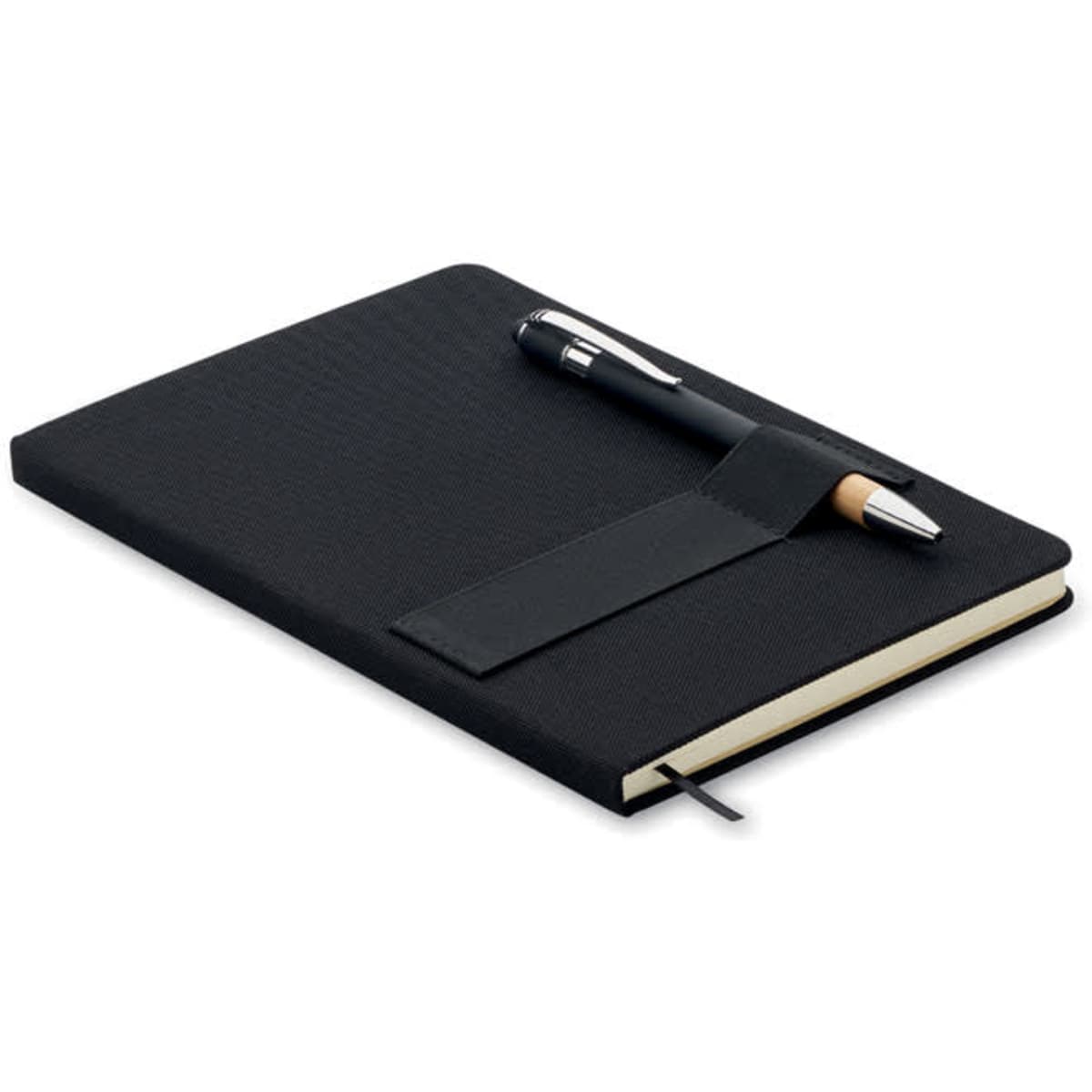 A black notebook with a textured cover and an attached pen. The notebook features a bookmark ribbon.