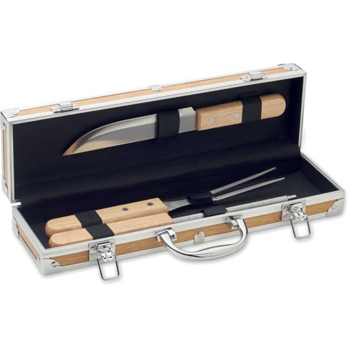 A knife set in a wooden and metal case, featuring a knife, fork, and wooden handles. The case is securely closed.