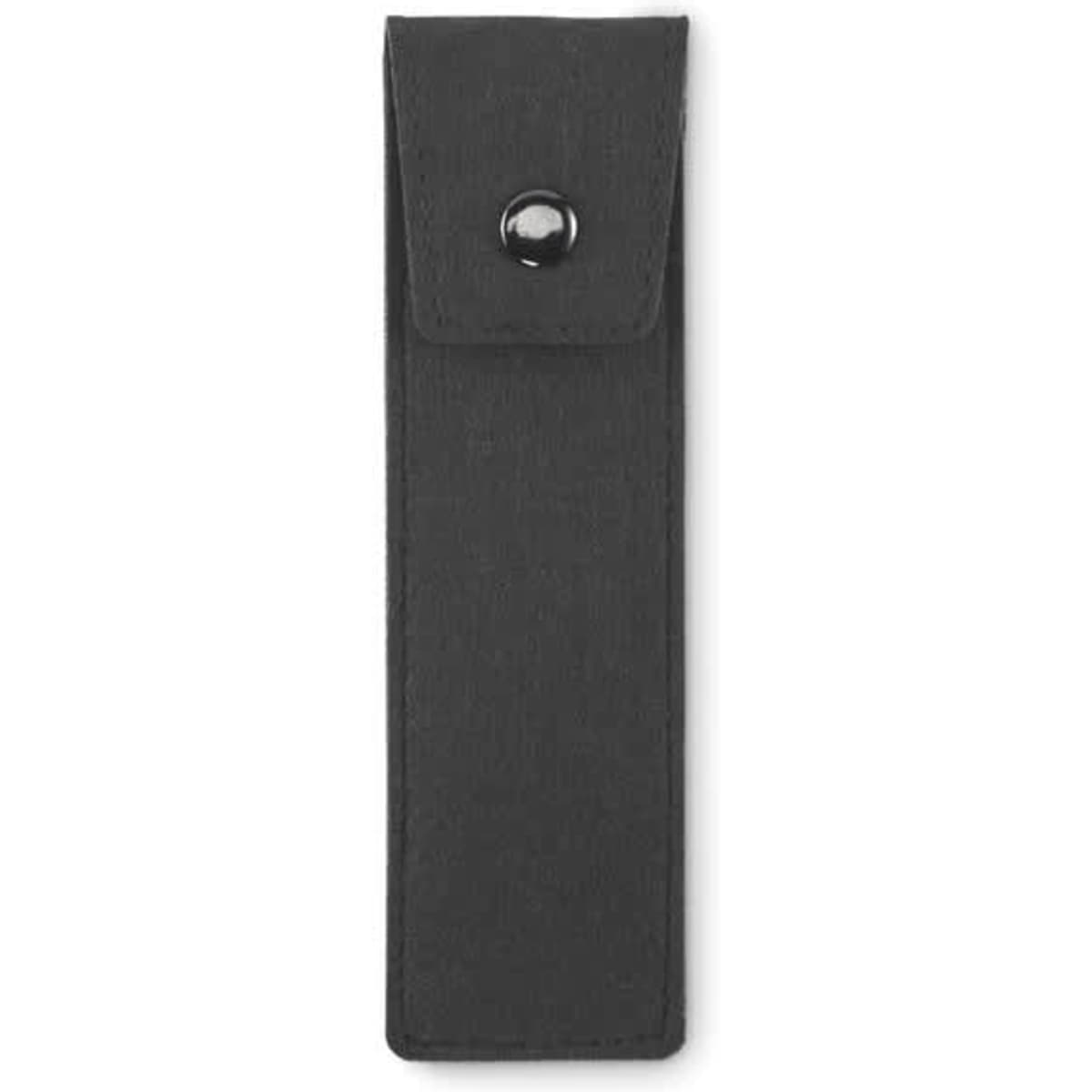 A black product pouch with a snap closure. It has a sleek, textured surface and no visible branding.