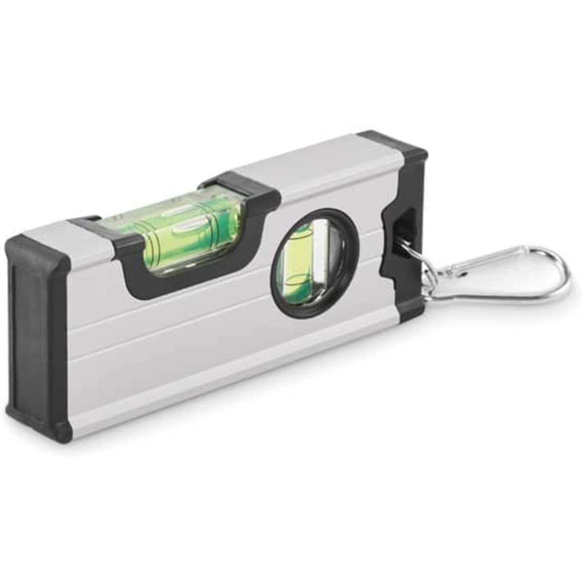 A spirit level with a metallic finish and rubber edges, featuring a keyring attachment for convenience.