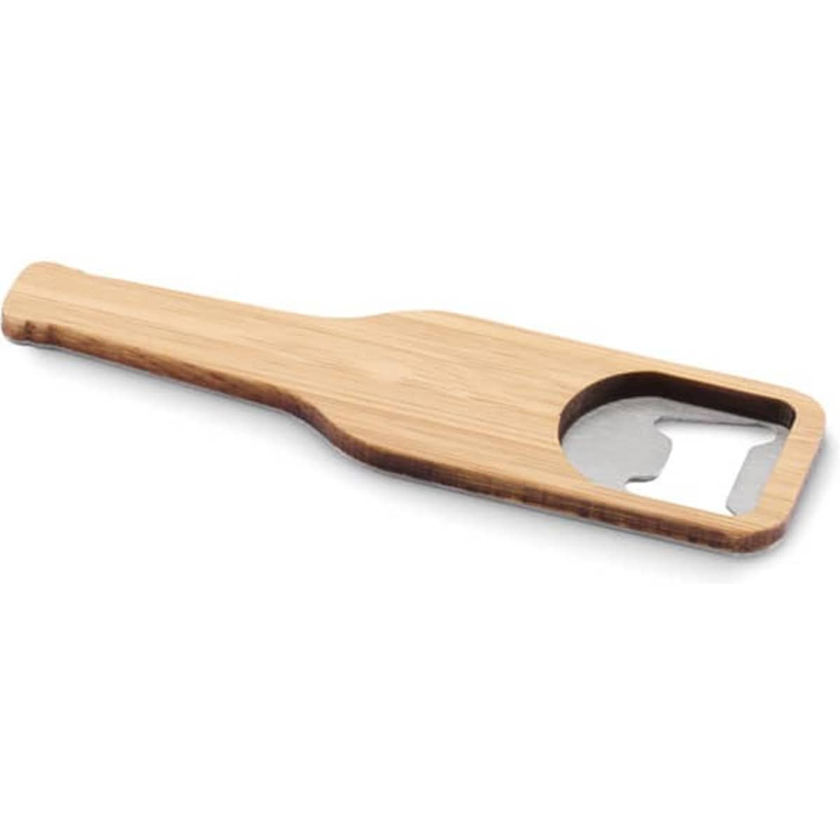 A bottle opener with a bamboo handle and a metal opening. It has a simple, sleek design.