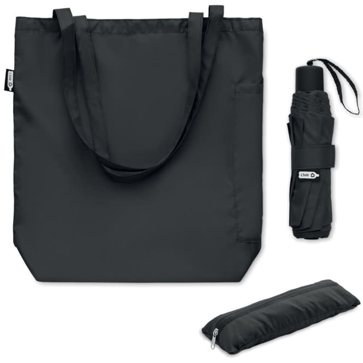 A black tote bag, a compact black umbrella, and a black zip pouch. The tote features two handles and has a logo.