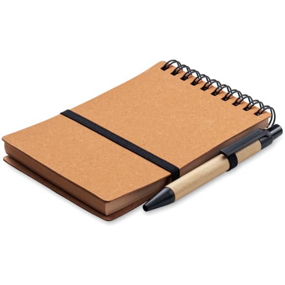 A brown spiral-bound notebook with a black elastic band and a black pen attached on the side.