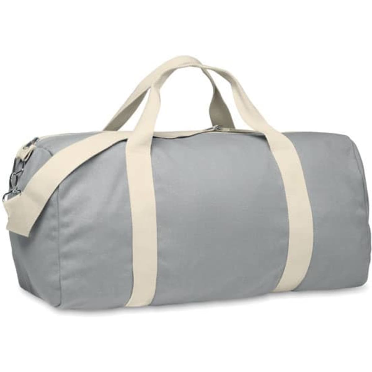 A grey duffel bag with light cream handles and a shoulder strap, featuring a zip closure.