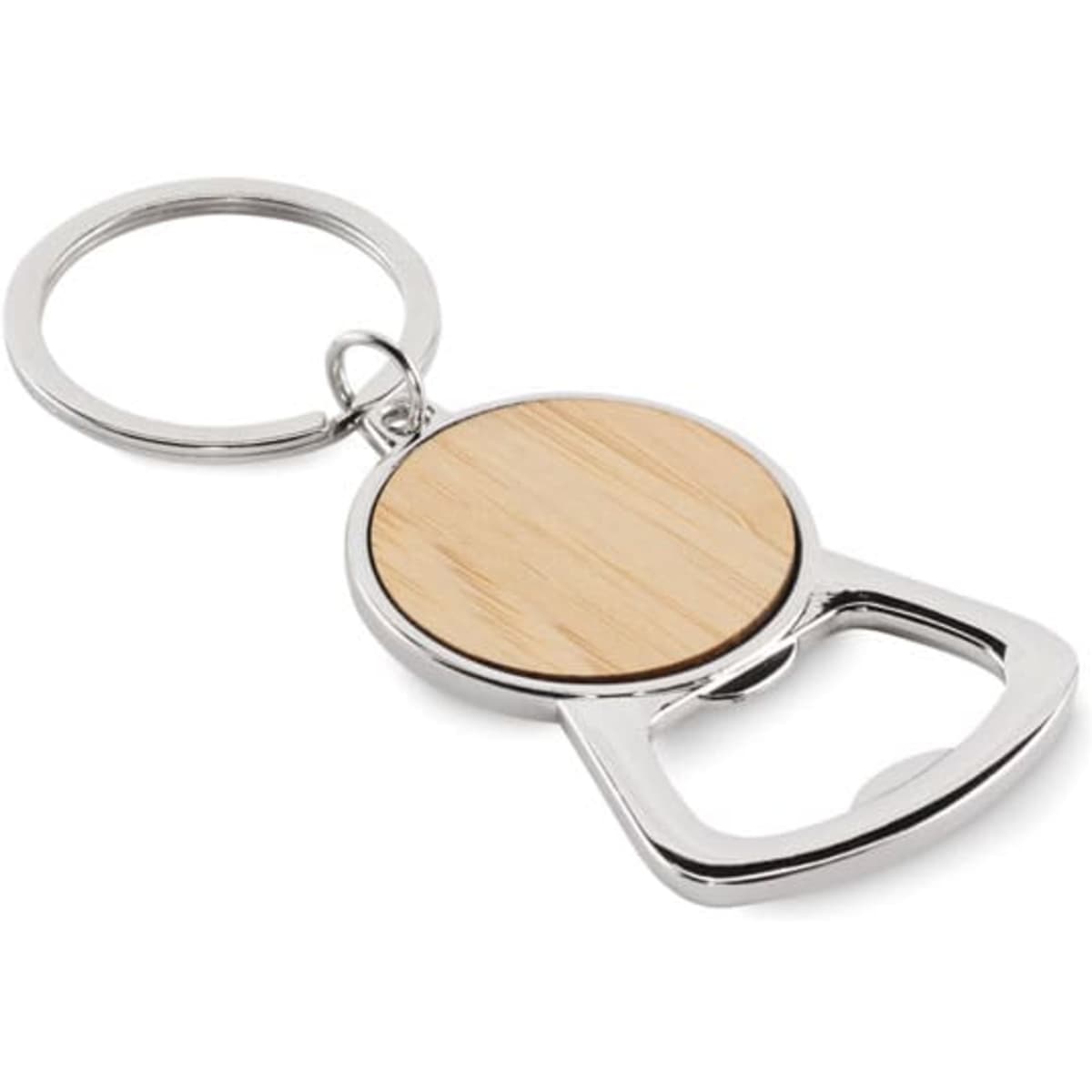 A keyring bottle opener with a wooden circular insert and a silver metal frame.