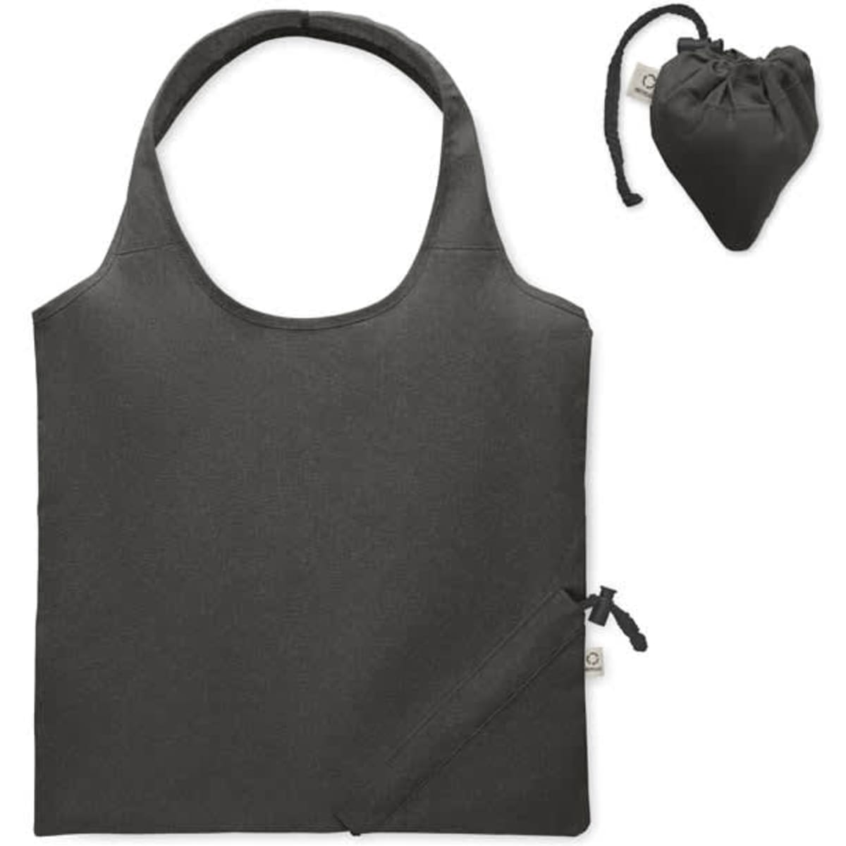 A reusable bag in dark grey, featuring a foldable design that packs into a small pouch. Includes a drawstring closure.