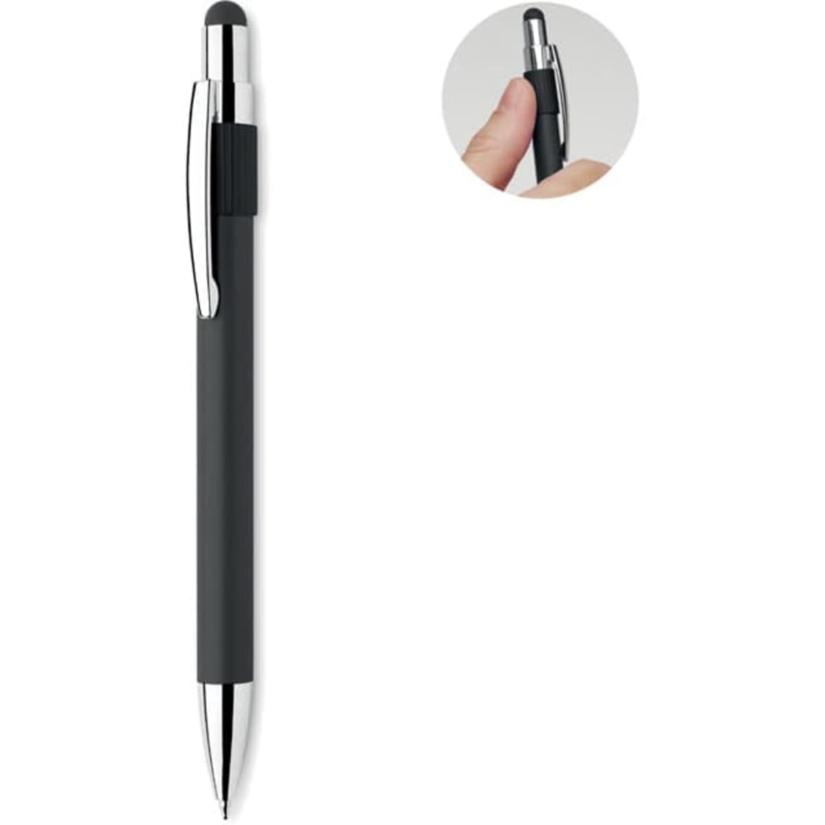 A black pen with a silver clip and tip, featuring a stylus end for touch screens.