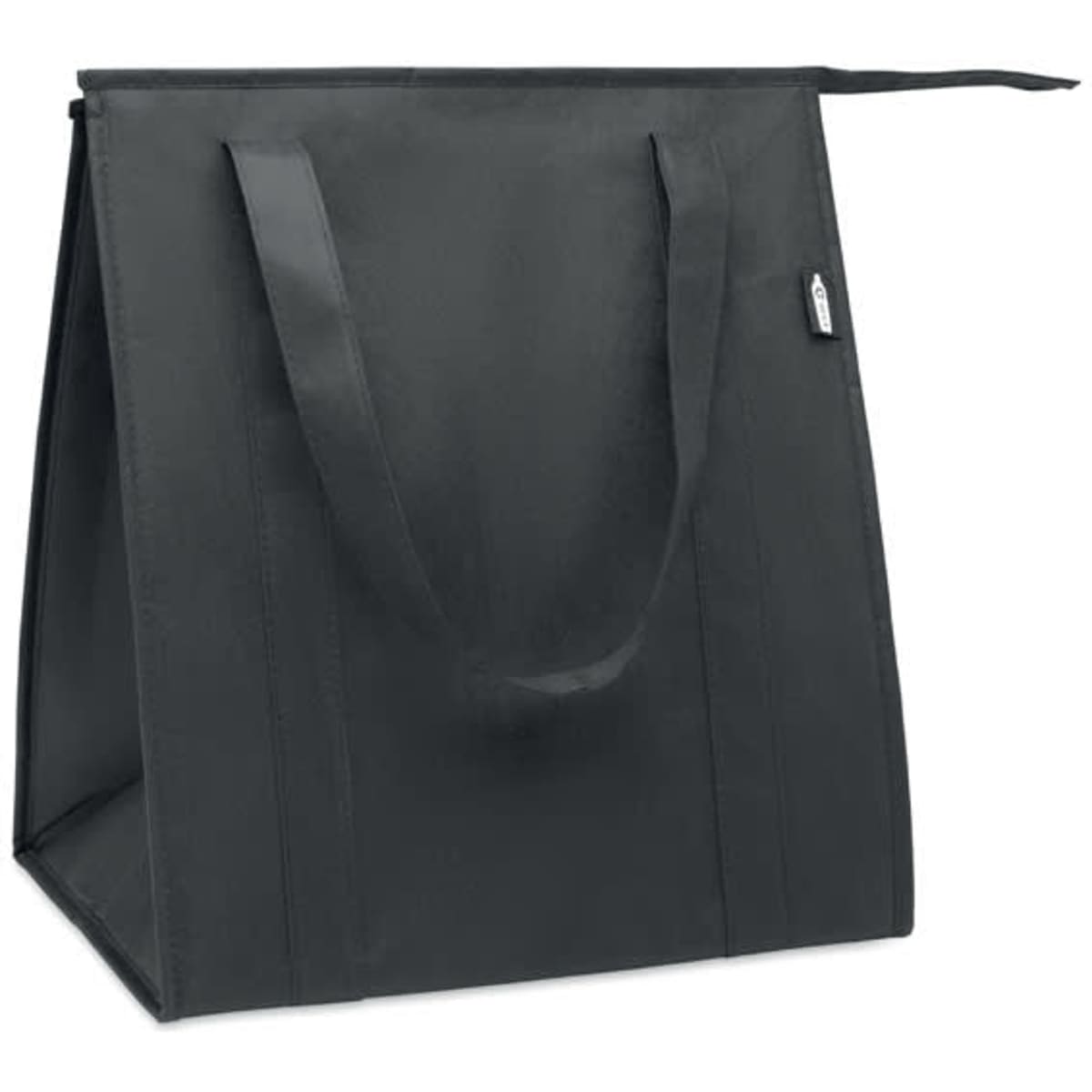 A tote bag in black with sturdy handles and a spacious, structured design. Features a logo on the side.