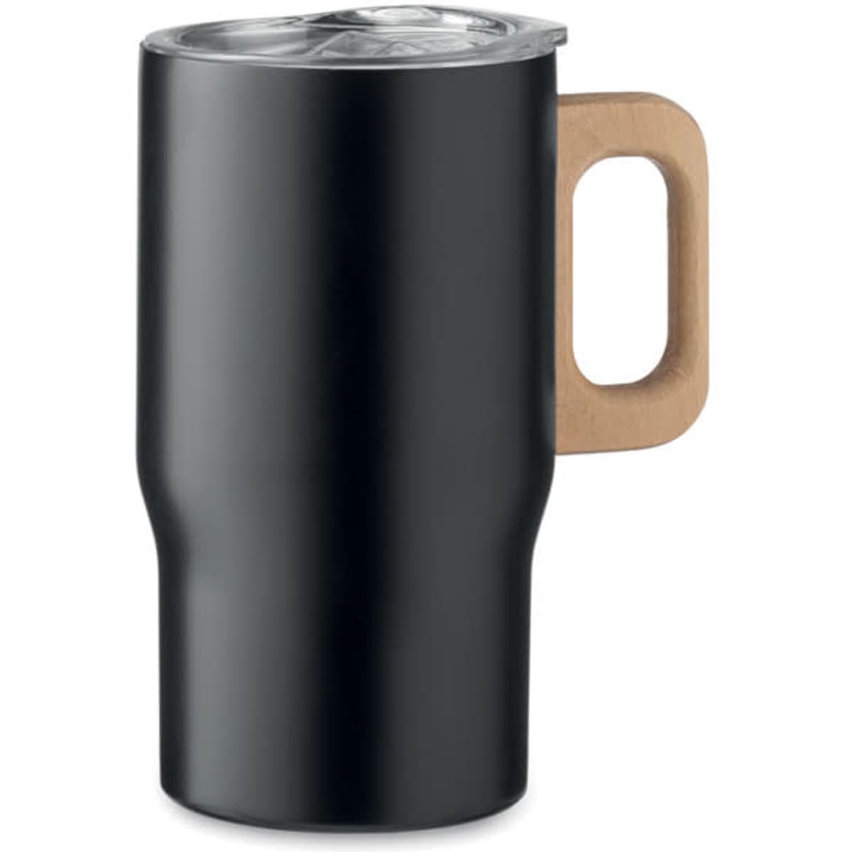 A drink bottle in matte black with a wooden handle and a clear lid, featuring a sleek design.