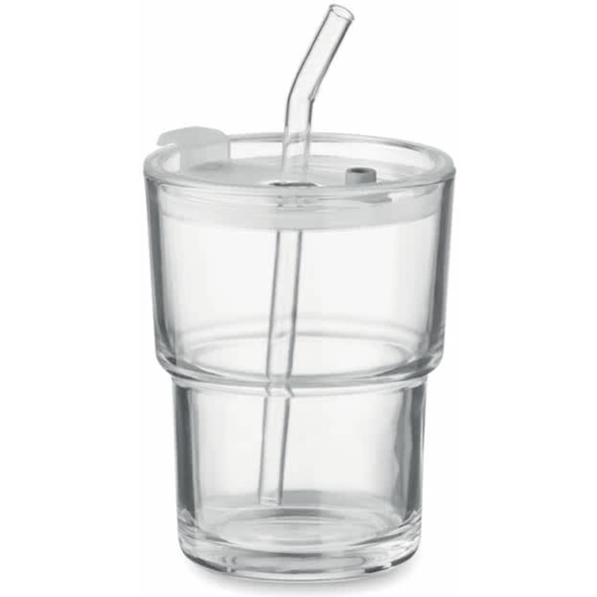A drink bottle with a clear, stacked glass design and a white lid, featuring a straw for easy sipping.