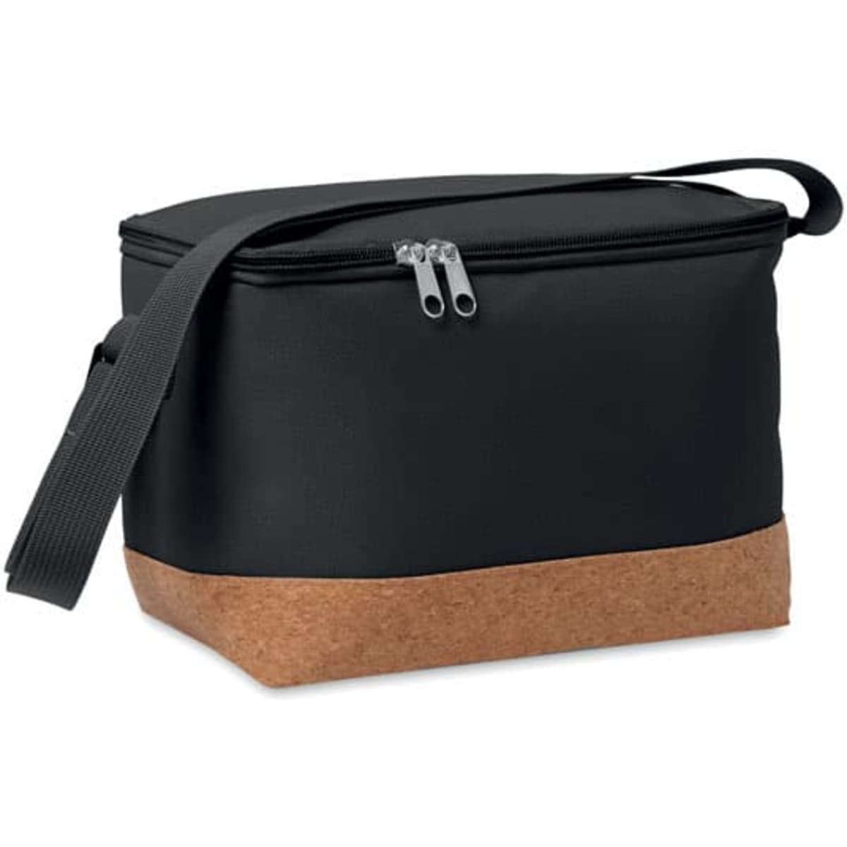 A drink cooler with a black top and a natural cork base, featuring a zip closure and an adjustable strap.