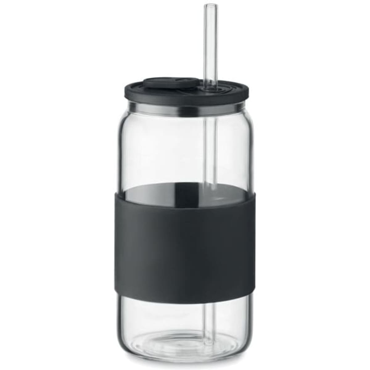 A drink bottle with a clear body, black silicone grip, and a straw, featuring a black lid and branding.
