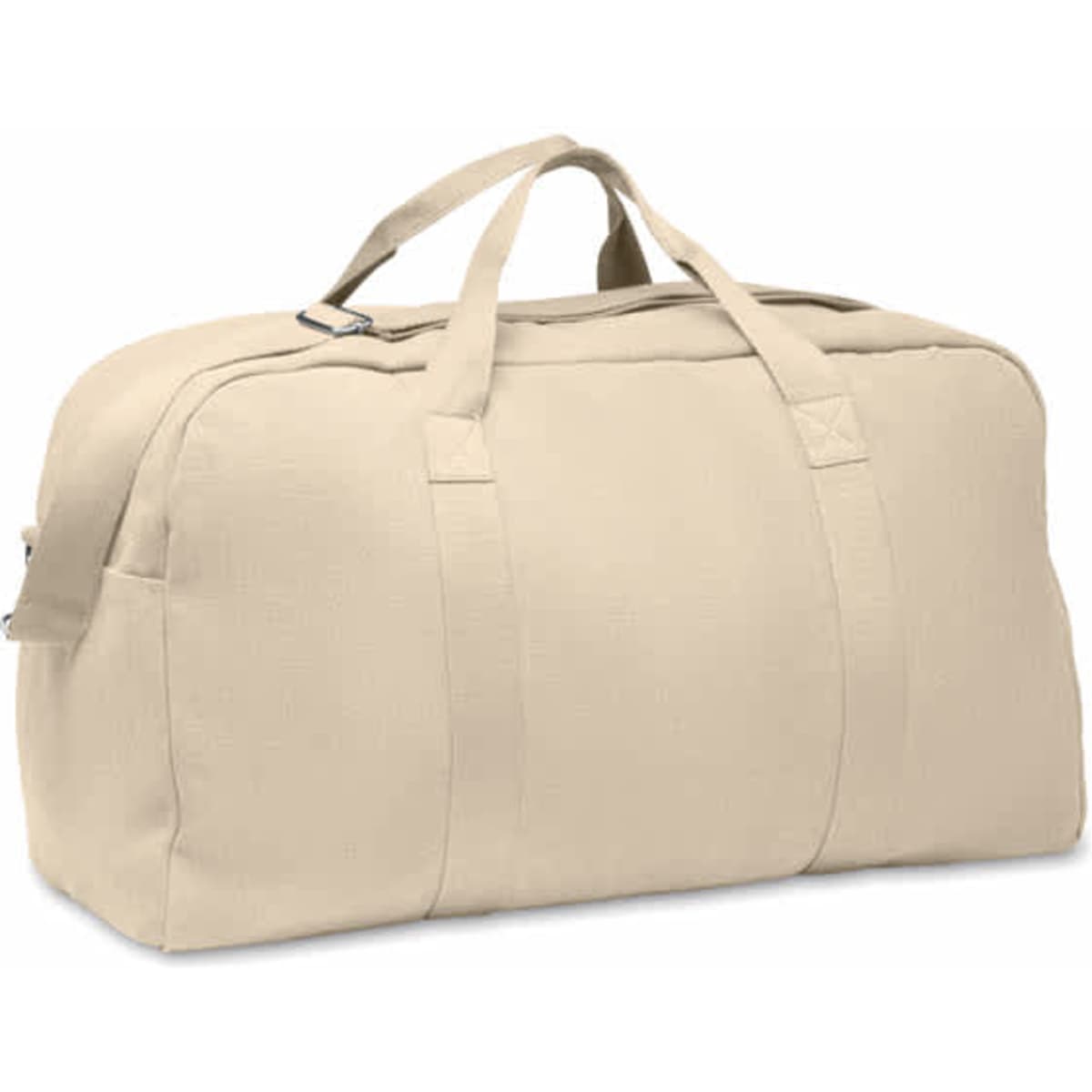 A beige duffle bag with sturdy handles and a detachable shoulder strap. It features a plain design with no visible branding.