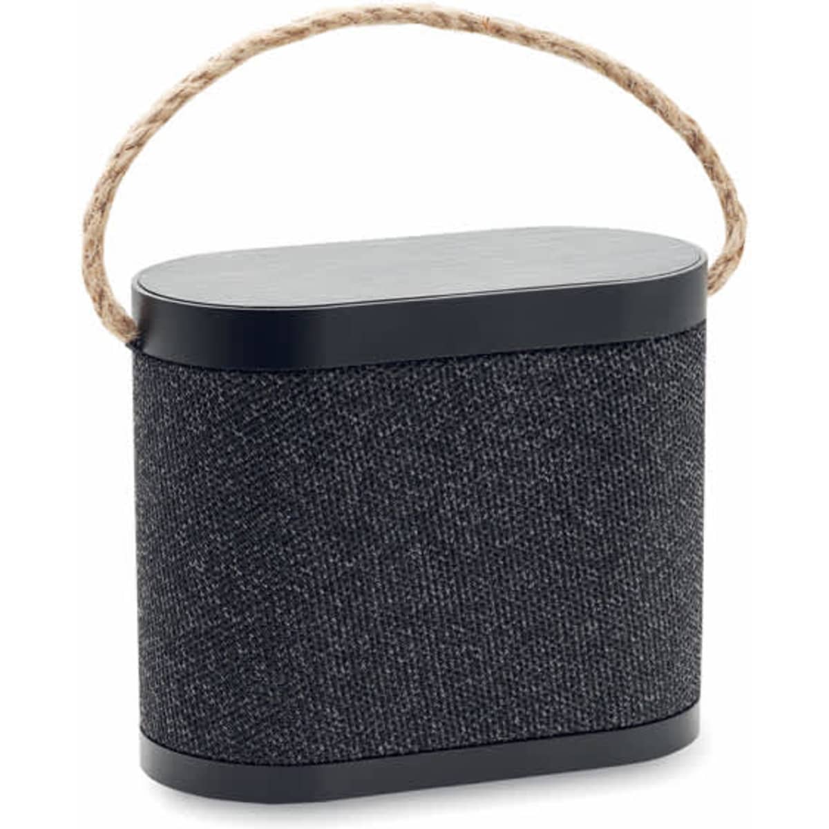 A portable speaker in black with a textured fabric surface and a natural rope handle.