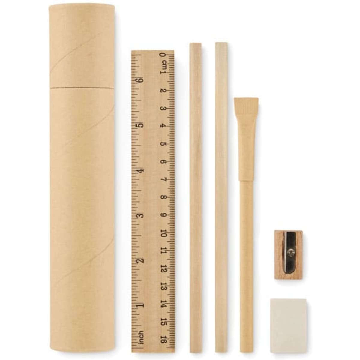 A set of stationery items including a ruler, pencil, sharpener, eraser, and two wooden sticks, all in a cardboard tube.