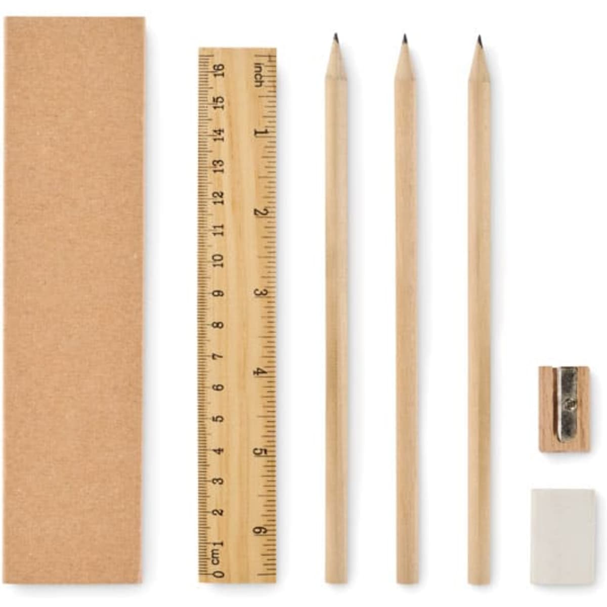 A stationery set featuring a brown notepad, wooden ruler, two pencils, a sharpener, and an eraser.