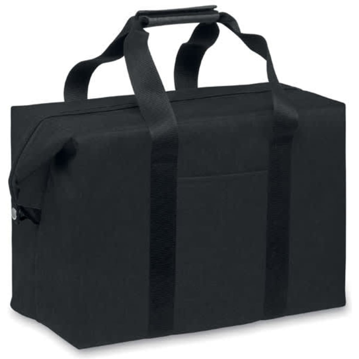 A black insulated bag with sturdy handles and a zip closure. It features a front pocket for extra storage.