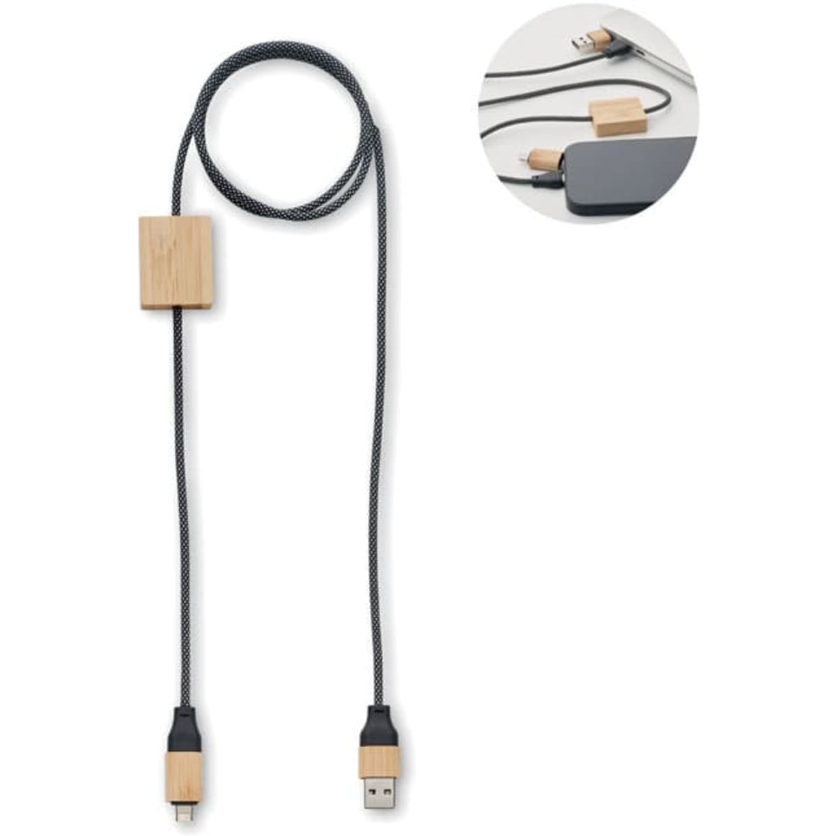 A charging cable featuring a wooden block, with black and grey braided material. Includes USB and micro USB connectors.