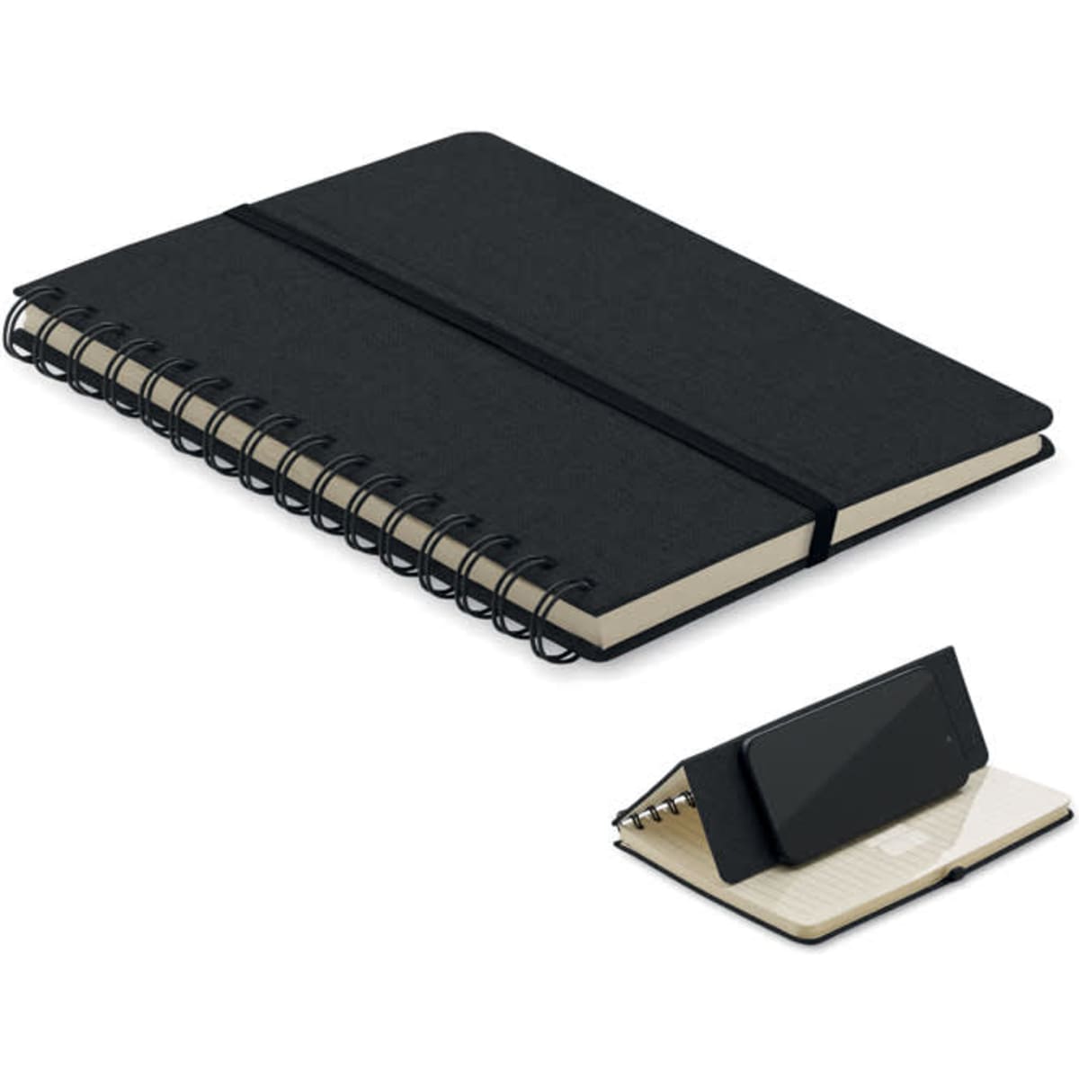 A black spiral-bound notebook with a rubber band closure and a built-in phone stand.