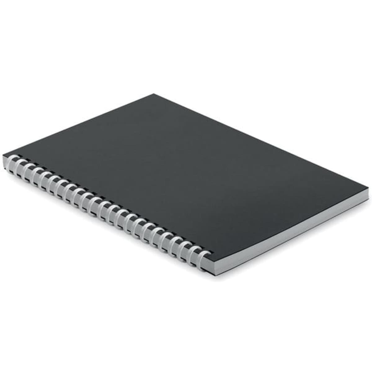 A black spiral-bound notebook with a plain cover and silver wire binding.