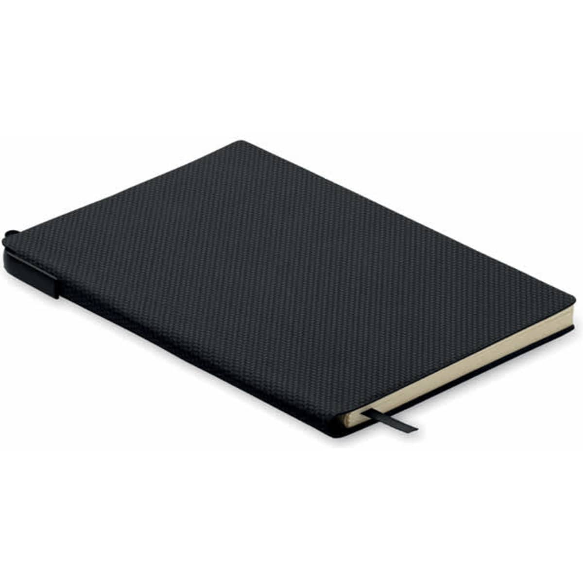 A black notebook with a textured cover, featuring a ribbon bookmark and a logo.