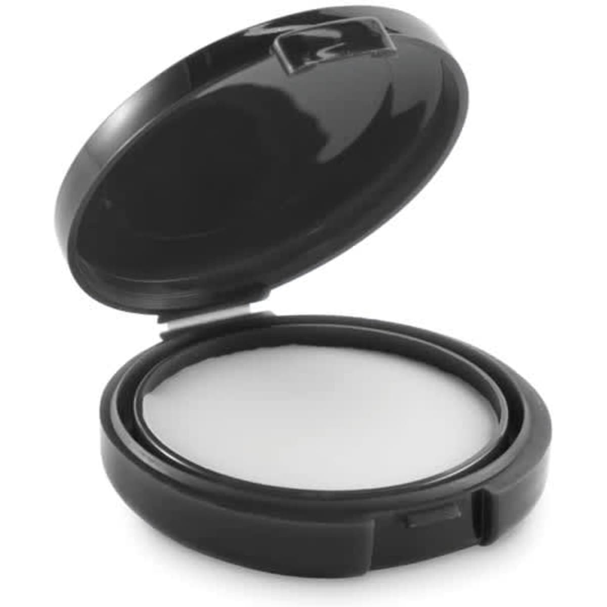 A compact mirror in a black casing, opened to reveal the reflective surface inside.