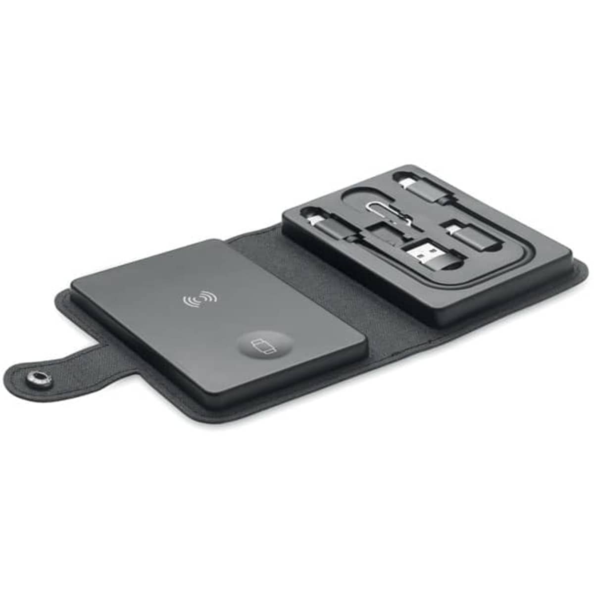 A wireless charging pad in black, with a compact case containing various charging cables and connectors.