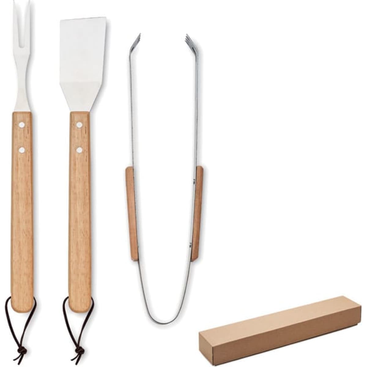 A set of barbecue tools with wooden handles, including a spatula, fork, and tongs, packaged in a plain box.