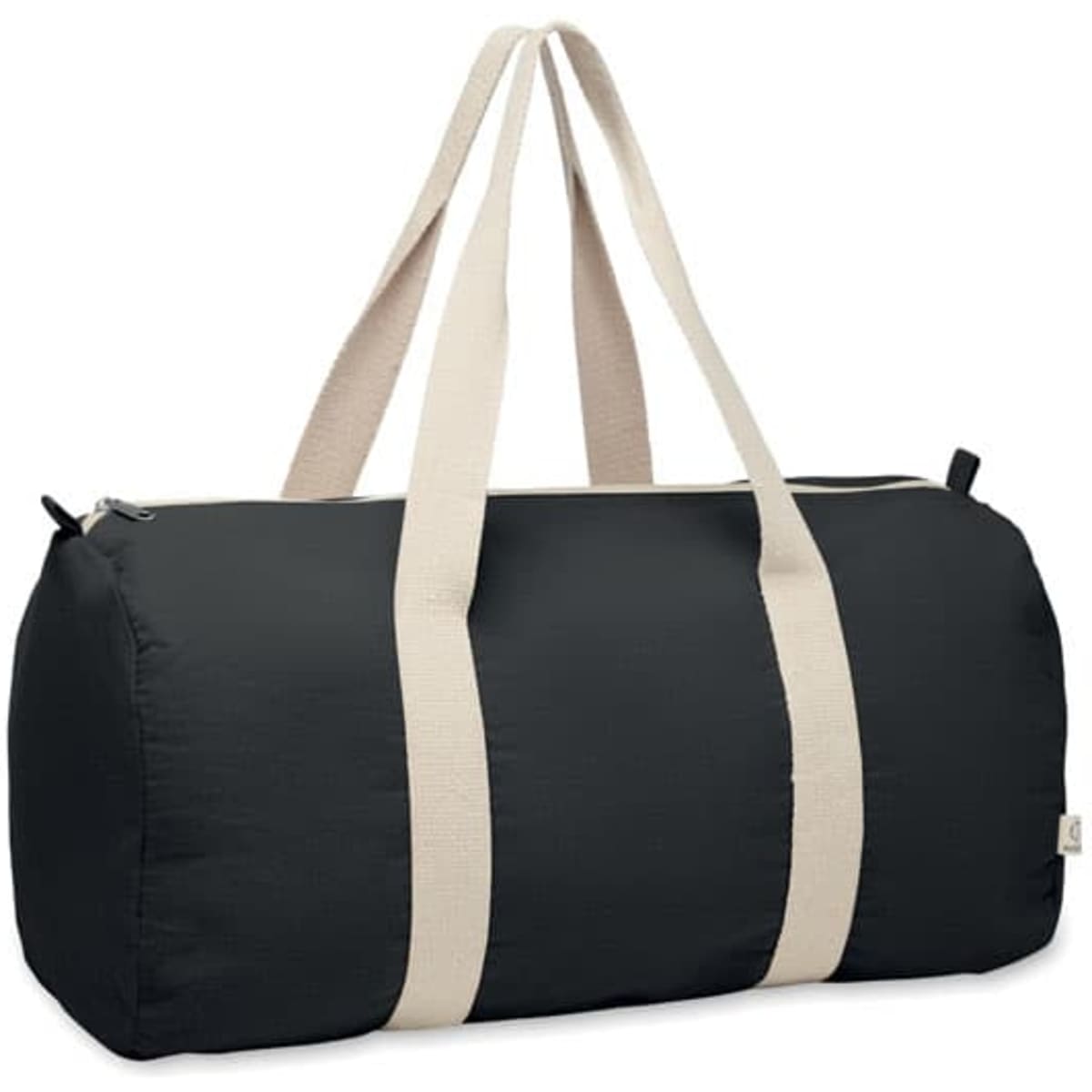 A duffel bag in black with cream-coloured straps, featuring a zip closure.