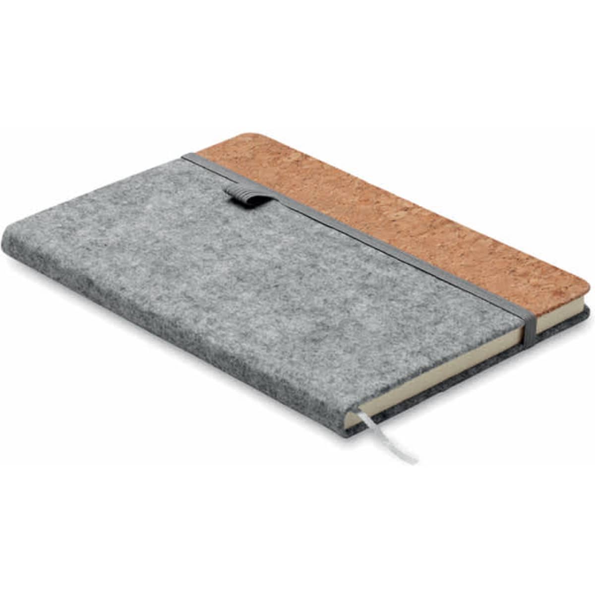 A grey felt notebook with a cork cover and an elastic band, featuring a ribbon bookmark. Contains a logo.