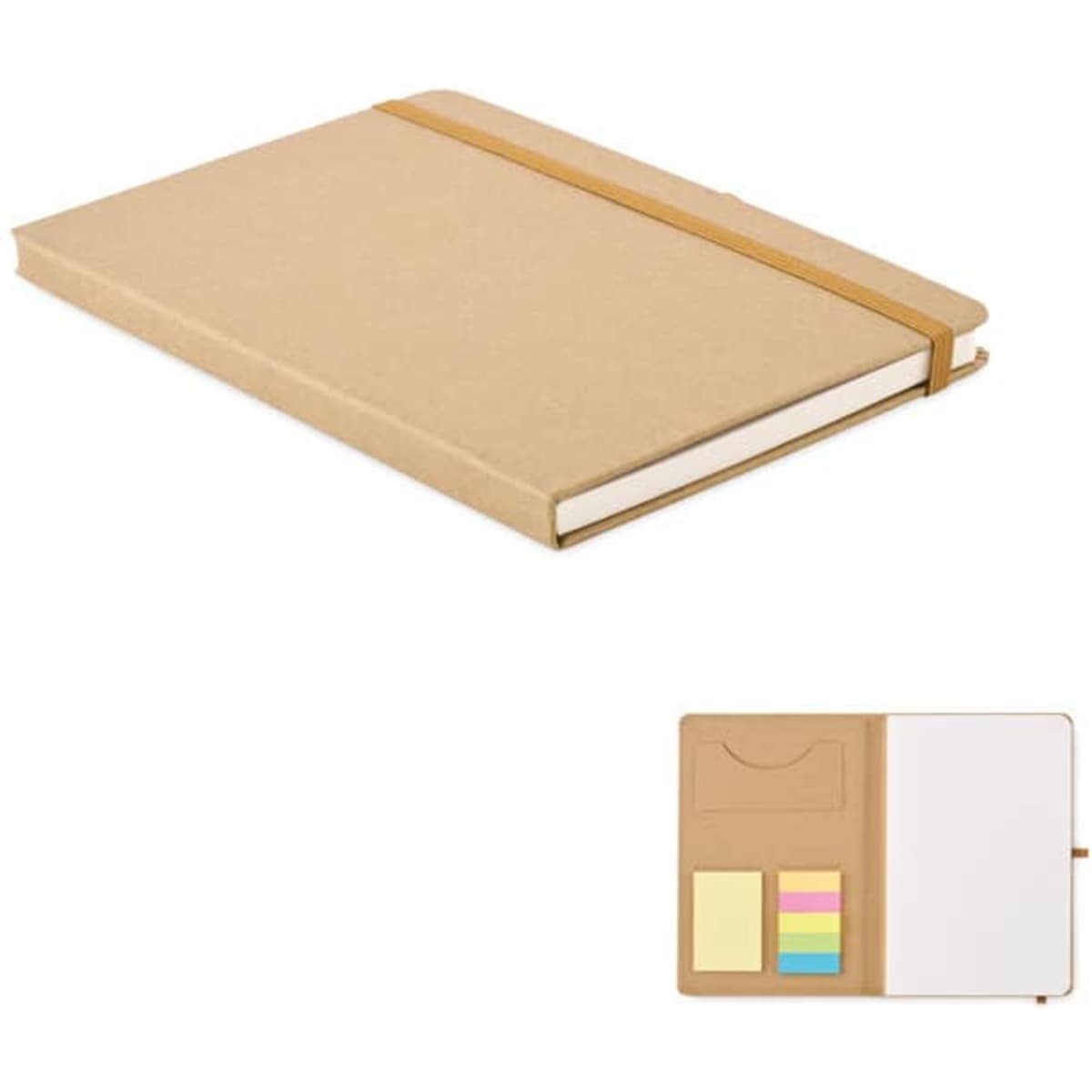 A brown notebook with a matching elastic band, featuring a pocket with coloured sticky notes inside.