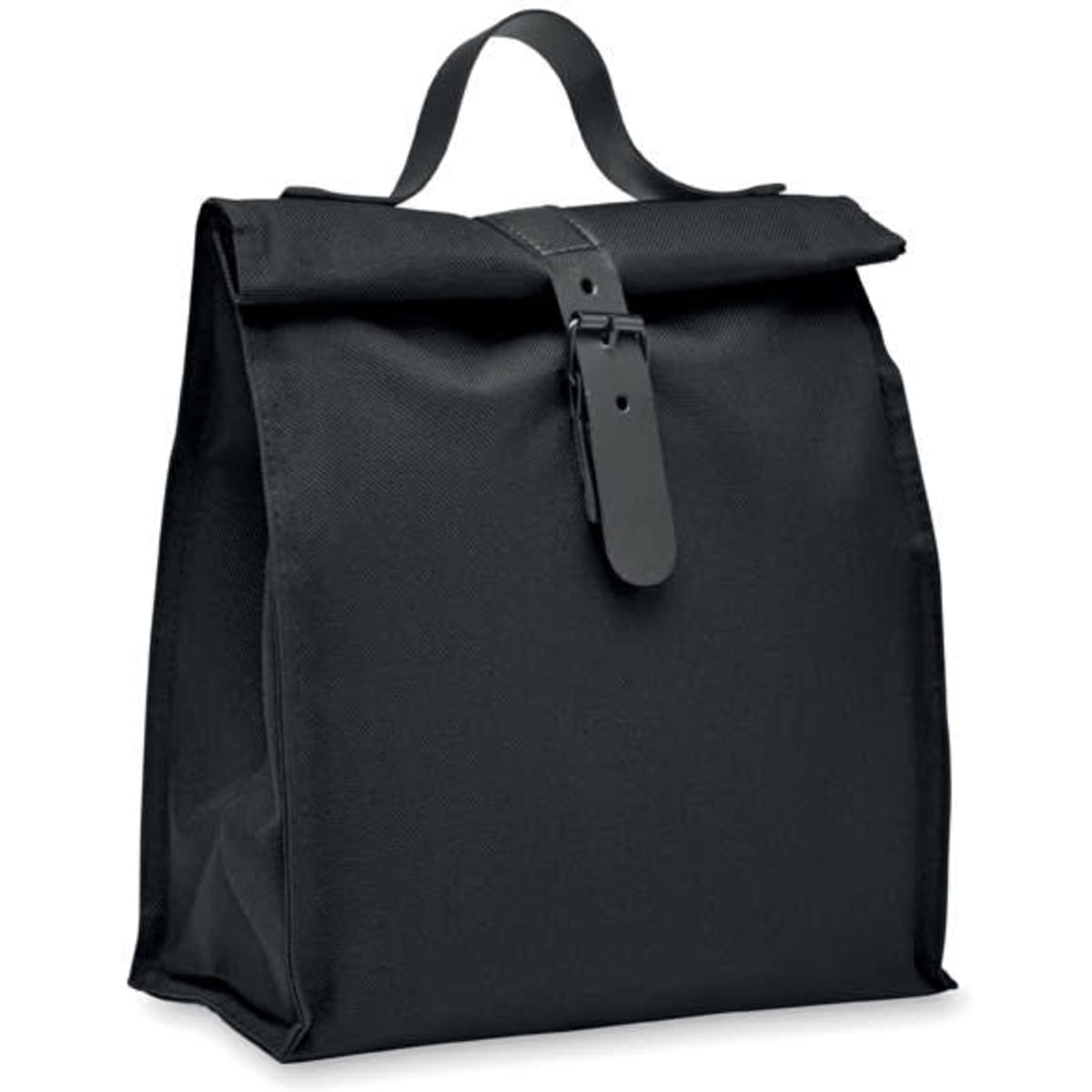 A black lunch bag with a roll-top design and a leather strap closure. Features a sturdy handle on top.