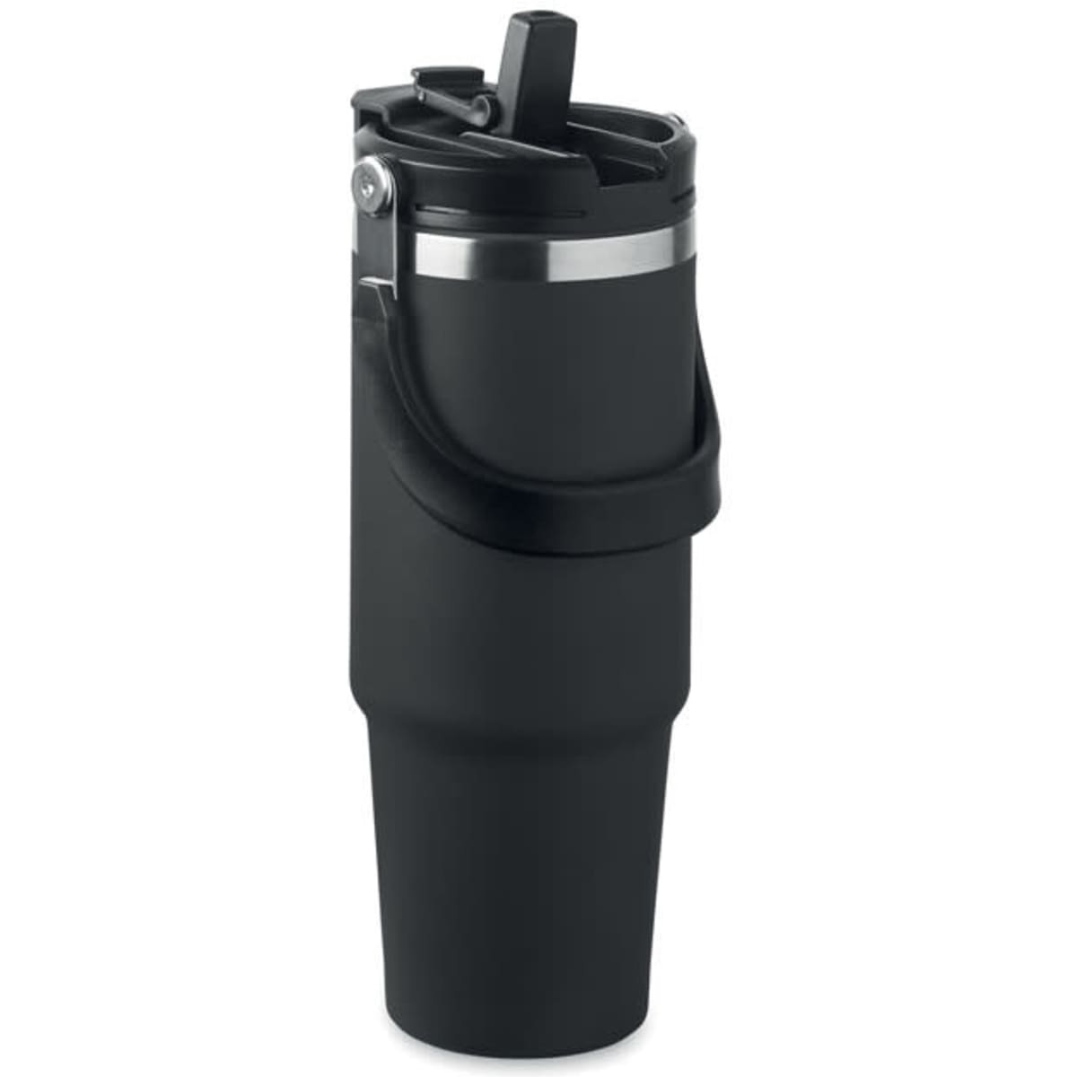 A black drink bottle with a handle and a lid featuring a spout, made from durable material.
