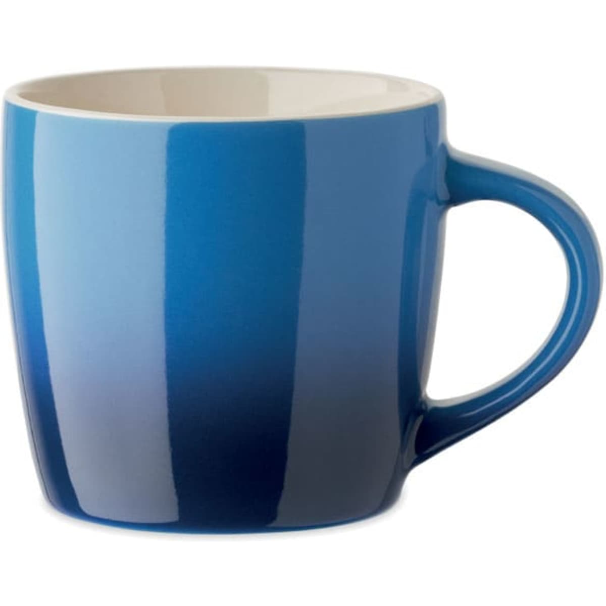 A drink bottle in a gradient of blue with a smooth surface and a rounded handle. Features a circular opening.