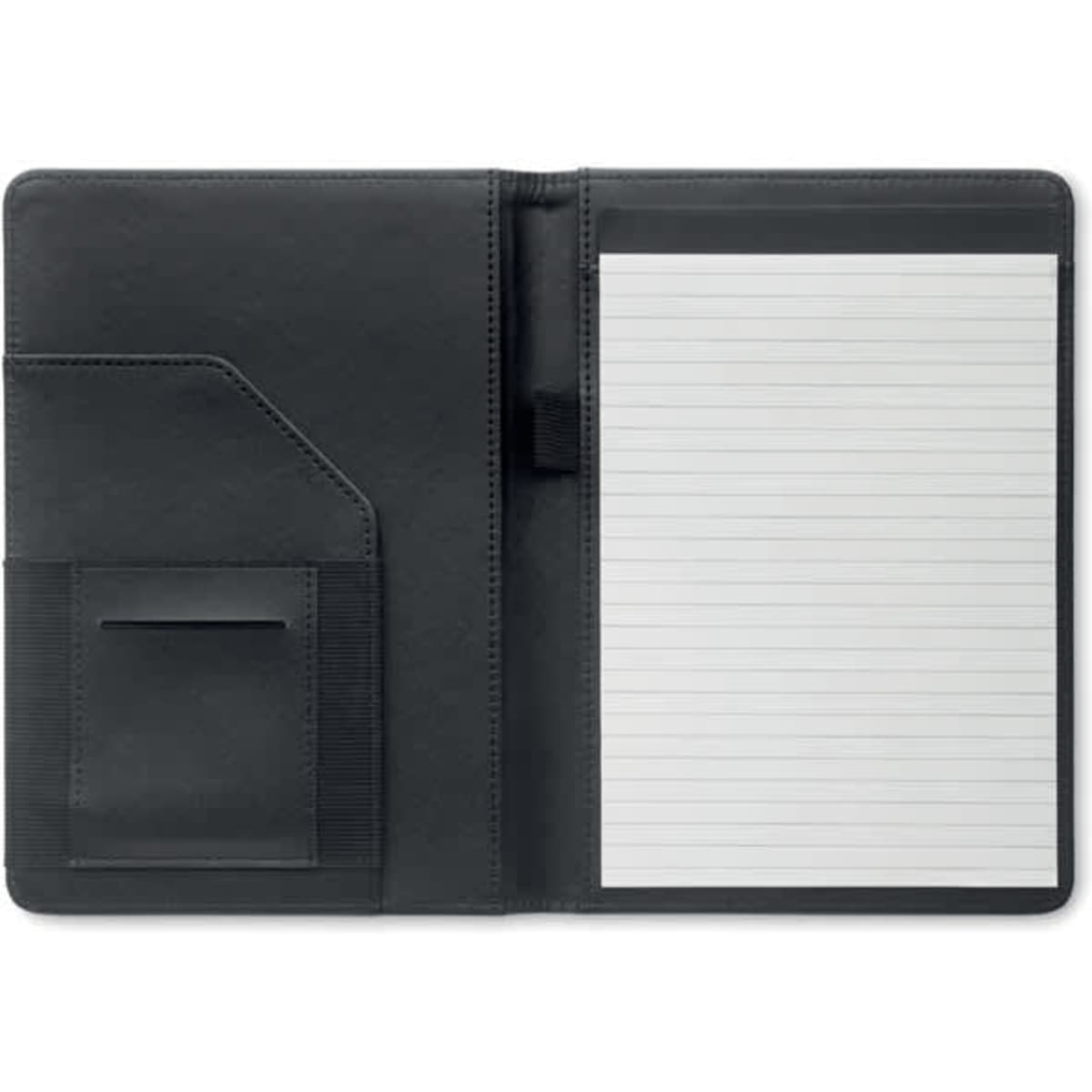 A black folio with a pocket, a pen holder, and a lined notepad inside.