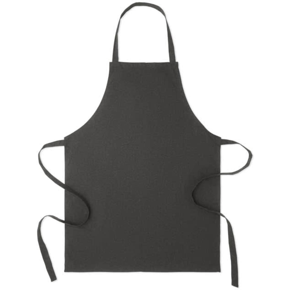 A black apron with ties on both sides, featuring a simple and minimalist design. It has no visible logos or patterns.