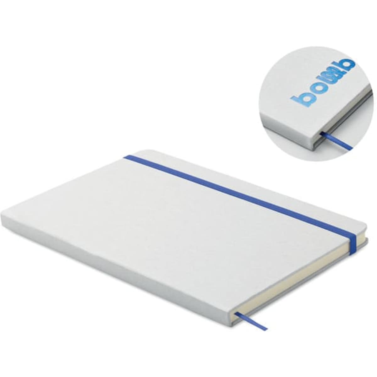 A notebook with a white cover, featuring a blue elastic band and a blue ribbon marker. It includes a branding logo.