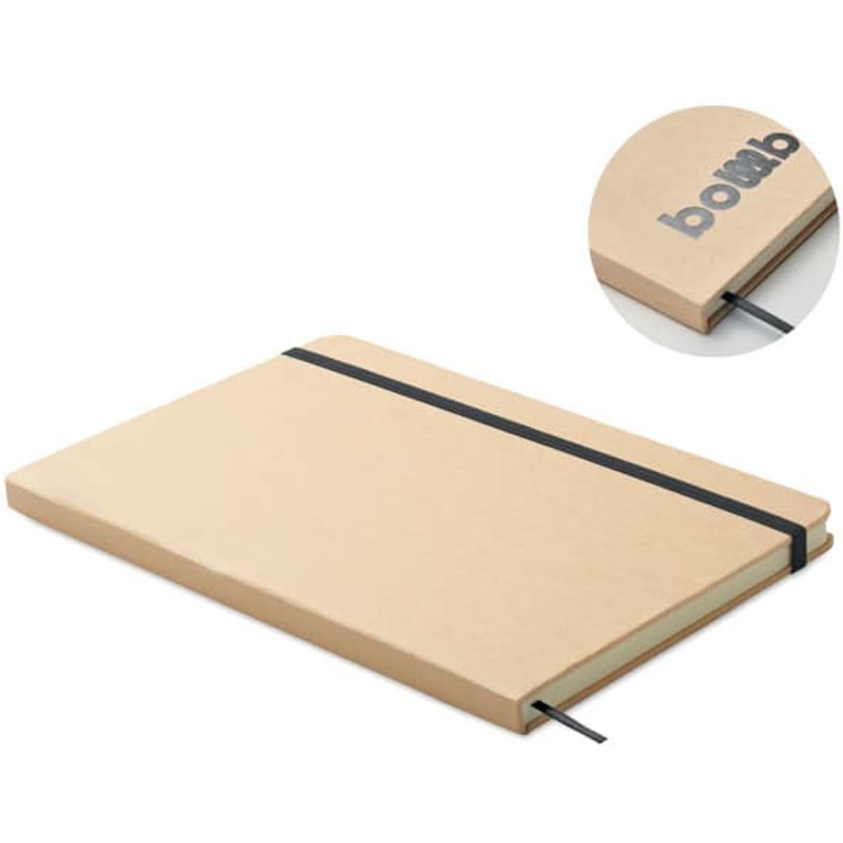 A notebook with a cream cover, elastic band closure, and a logo on the front.