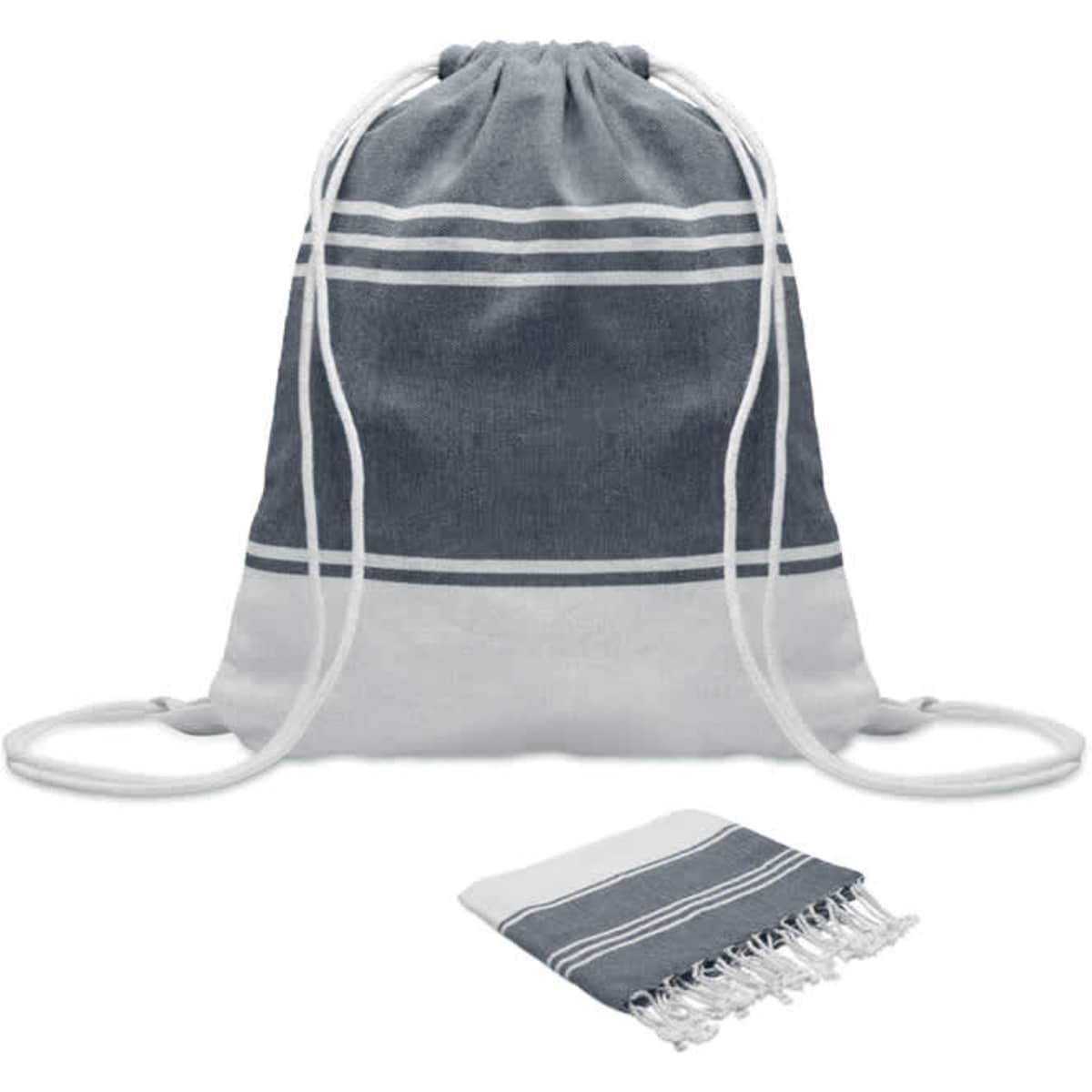 A drawstring bag in navy blue and white, accompanied by a matching towel. The bag features a logo.