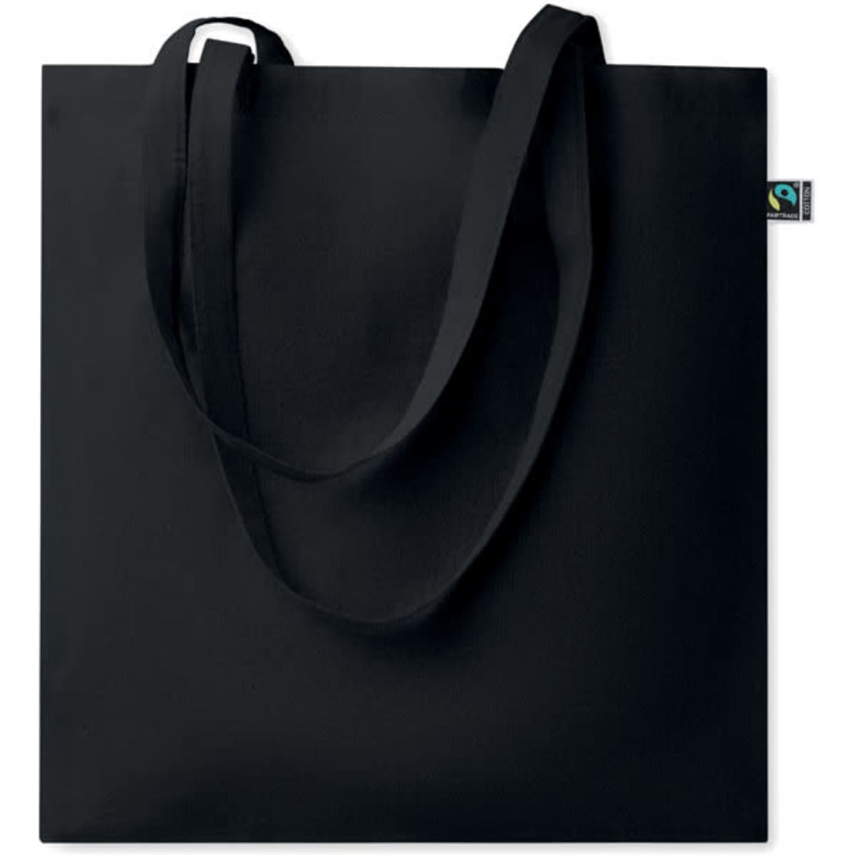 A black tote bag with long handles and a logo tag.